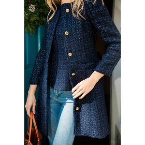Sail to Stable Navy Metallic Tweed Button Coat